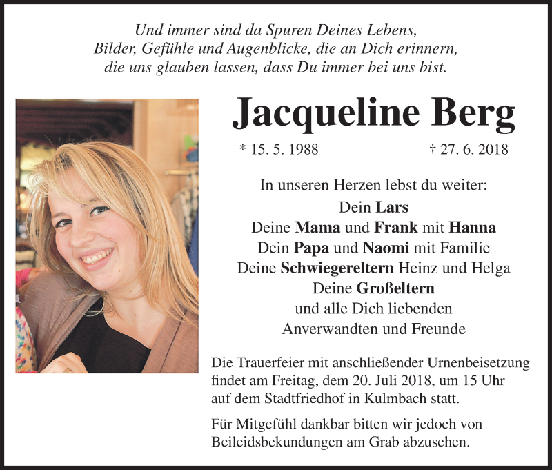  Traueranzeige für Jacqueline Berg vom 17.07.2018 aus MGO