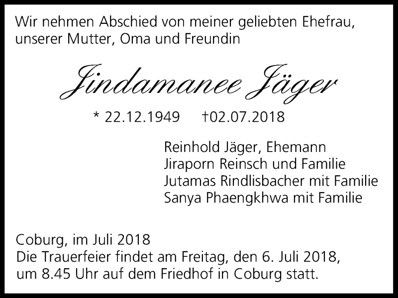  Traueranzeige für Jindamanee Jäger vom 04.07.2018 aus MGO