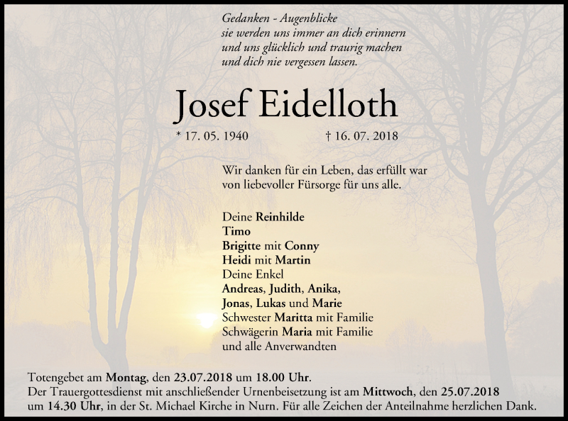  Traueranzeige für Josef Eidelloth vom 21.07.2018 aus MGO