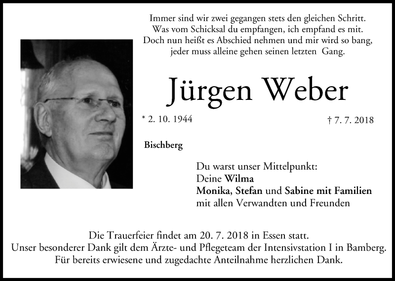  Traueranzeige für Jürgen Weber vom 11.07.2018 aus MGO