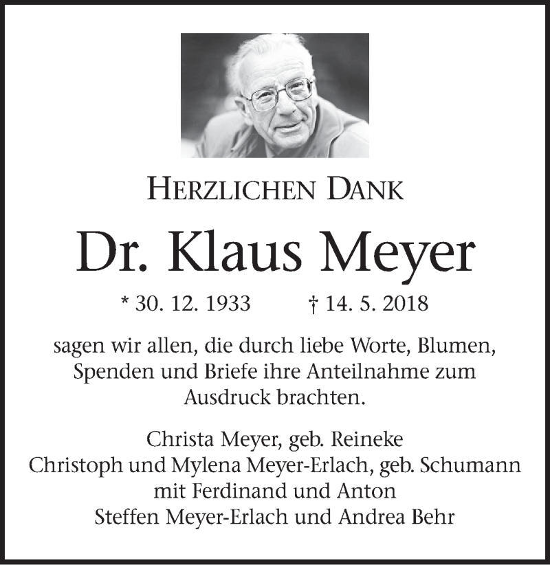 Traueranzeige für Klaus Meyer vom 21.07.2018 aus MGO