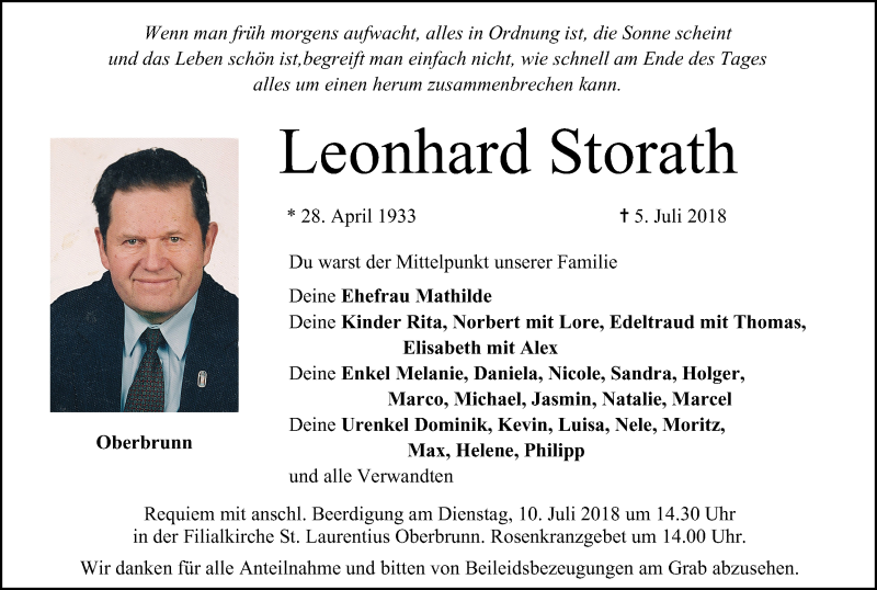  Traueranzeige für Leonhard Storath vom 07.07.2018 aus MGO