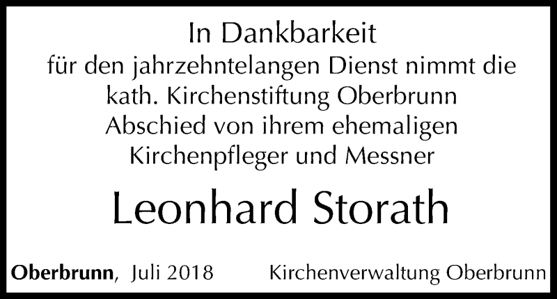  Traueranzeige für Leonhard Storath vom 10.07.2018 aus MGO