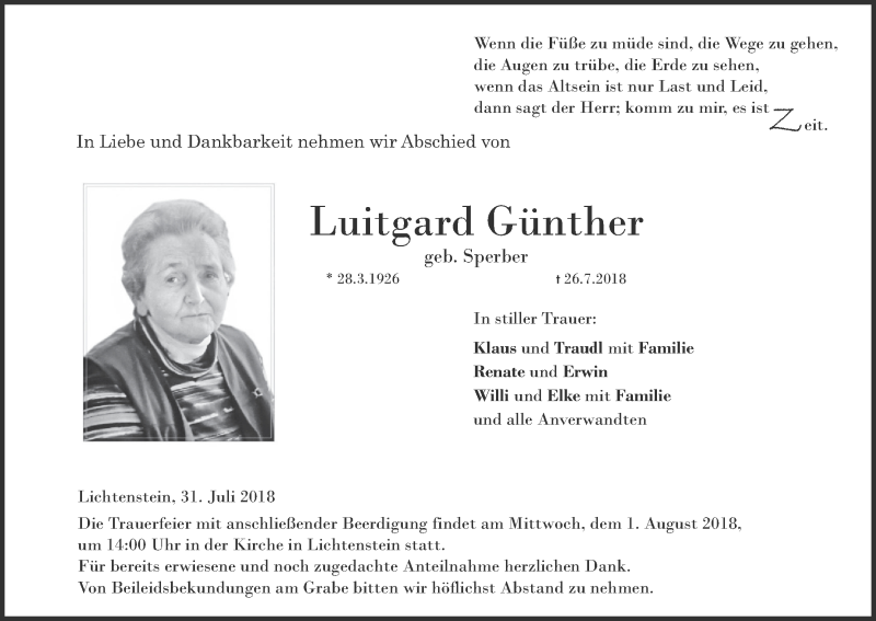  Traueranzeige für Luitgard Günther vom 31.07.2018 aus MGO