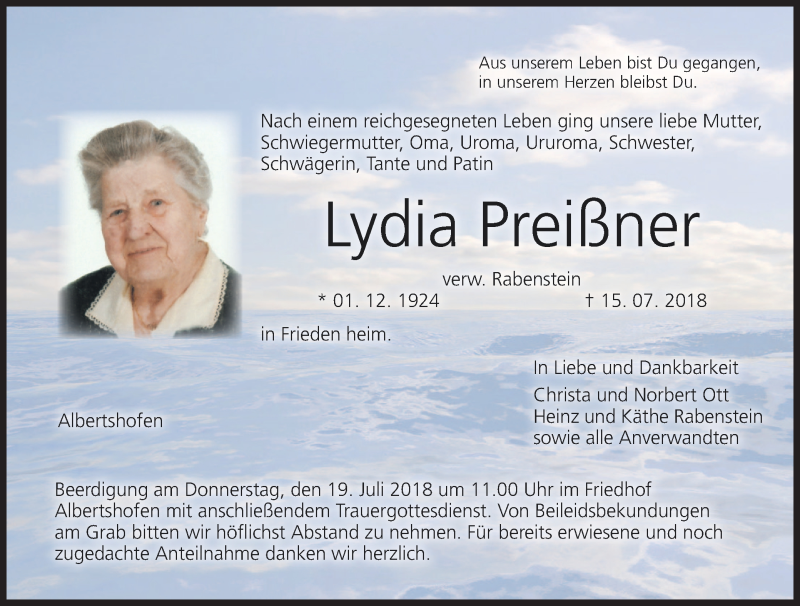  Traueranzeige für Lydia Preißner vom 17.07.2018 aus MGO
