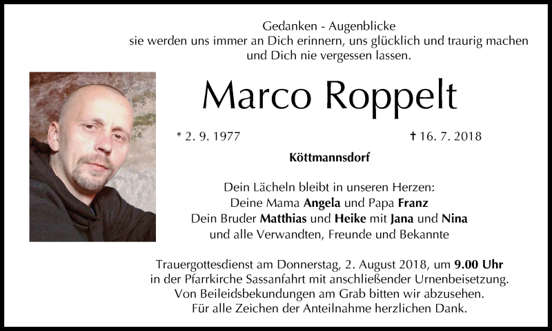  Traueranzeige für Marco Roppelt vom 28.07.2018 aus MGO