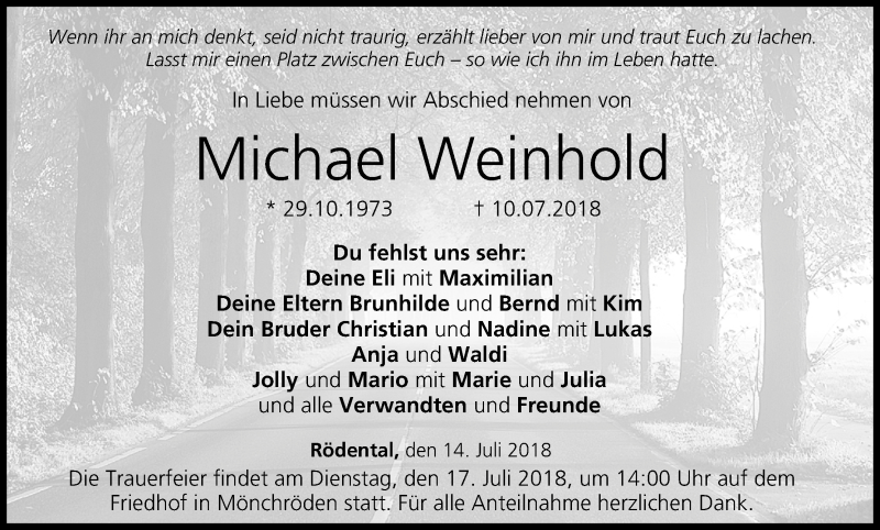  Traueranzeige für Michael Weinhold vom 14.07.2018 aus MGO