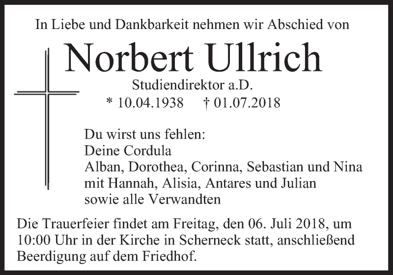  Traueranzeige für Norbert Ullrich vom 05.07.2018 aus MGO