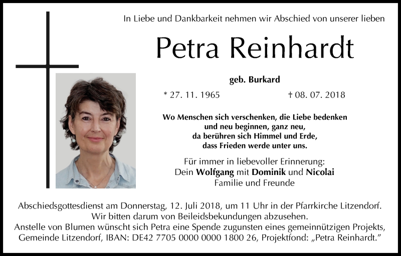  Traueranzeige für Petra Reinhardt vom 10.07.2018 aus MGO