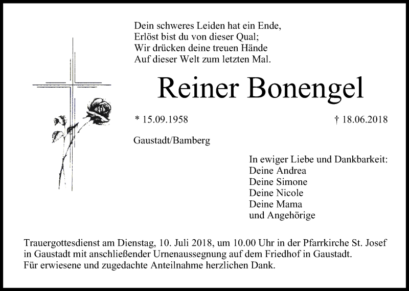  Traueranzeige für Reiner Bonengel vom 07.07.2018 aus MGO