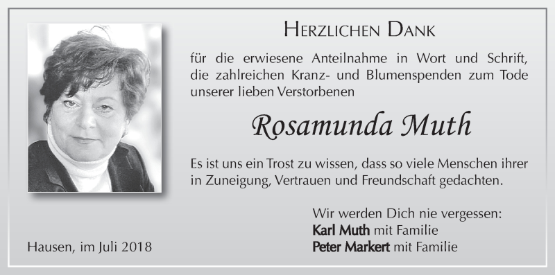  Traueranzeige für Rosamunda Muth vom 21.07.2018 aus MGO