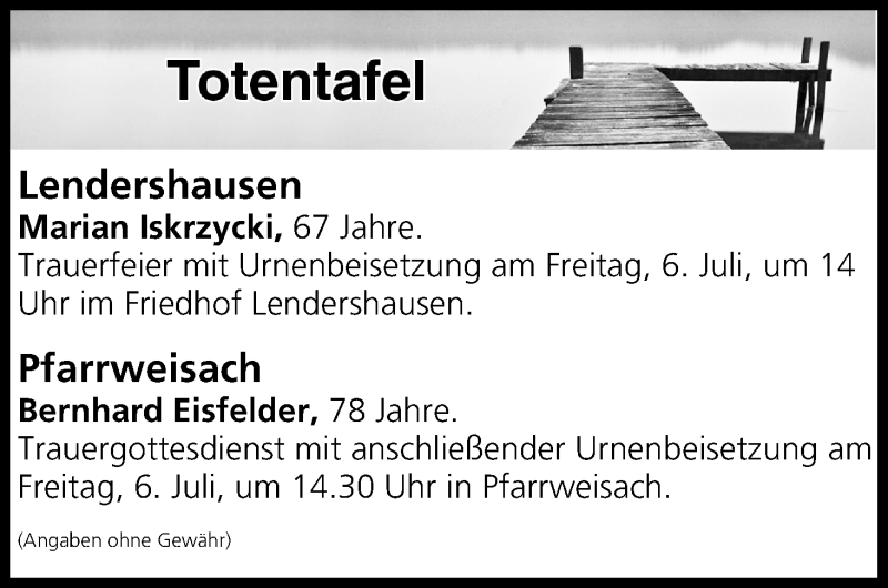  Traueranzeige für Totentafel vom 05.07.2018 vom 05.07.2018 aus MGO