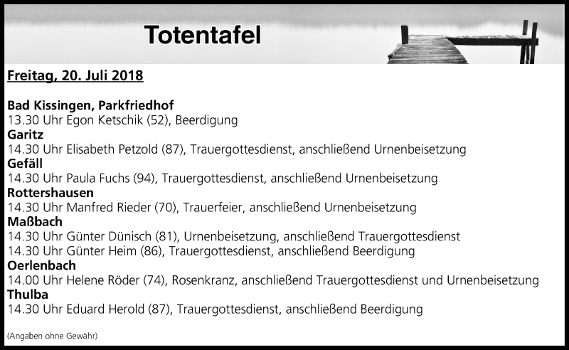  Traueranzeige für Totentafel vom 20.07.2018 vom 20.07.2018 aus MGO