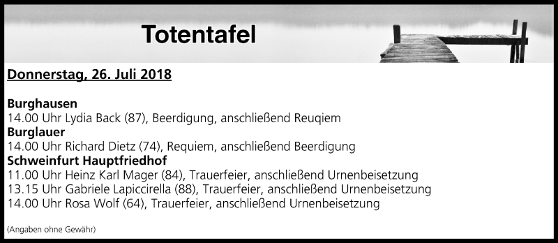  Traueranzeige für Totentafel vom 26.07.2018 vom 26.07.2018 aus MGO