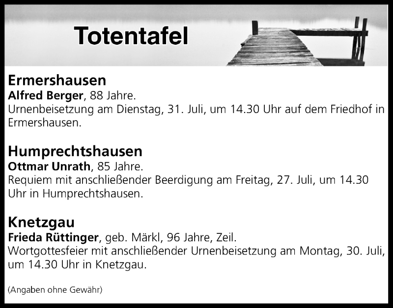  Traueranzeige für Totentafel vom 27.07.2018 vom 27.07.2018 aus MGO