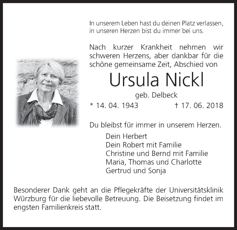  Traueranzeige für Ursula Nickl vom 03.07.2018 aus MGO