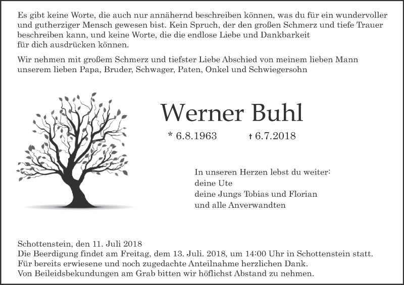  Traueranzeige für Werner Buhl vom 11.07.2018 aus MGO