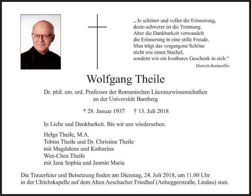  Traueranzeige für Wolfgang Theile vom 19.07.2018 aus MGO