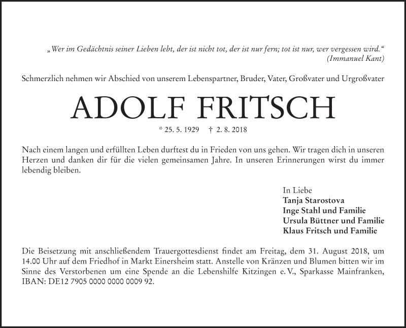  Traueranzeige für Adolf Fritsch vom 11.08.2018 aus MGO