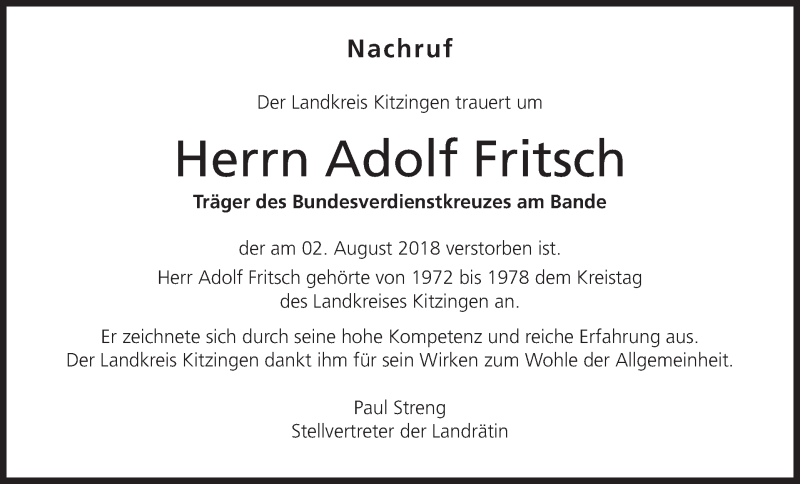  Traueranzeige für Adolf Fritsch vom 16.08.2018 aus MGO