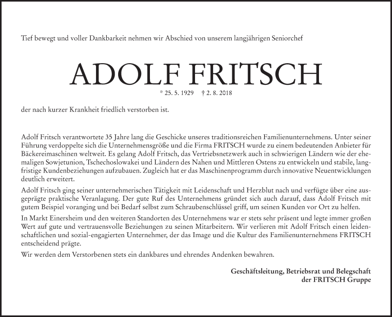  Traueranzeige für Adolf Fritsch vom 11.08.2018 aus MGO