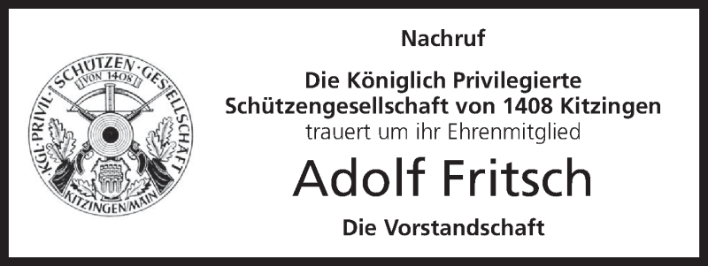  Traueranzeige für Adolf Fritsch vom 16.08.2018 aus MGO