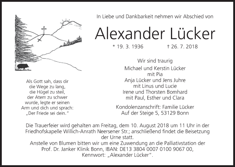  Traueranzeige für Alexander Lücker vom 04.08.2018 aus MGO