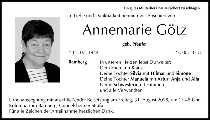 Annemarie Götz | Traueranzeige | trauer.inFranken.de