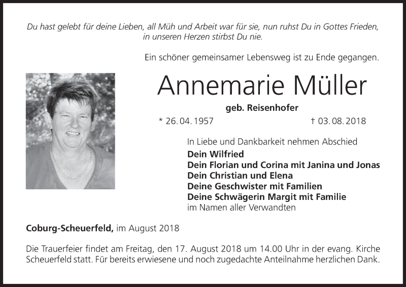  Traueranzeige für Annemarie Müller vom 11.08.2018 aus MGO