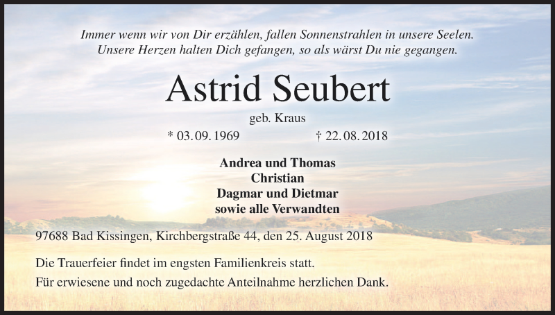  Traueranzeige für Astrid Seubert vom 25.08.2018 aus MGO