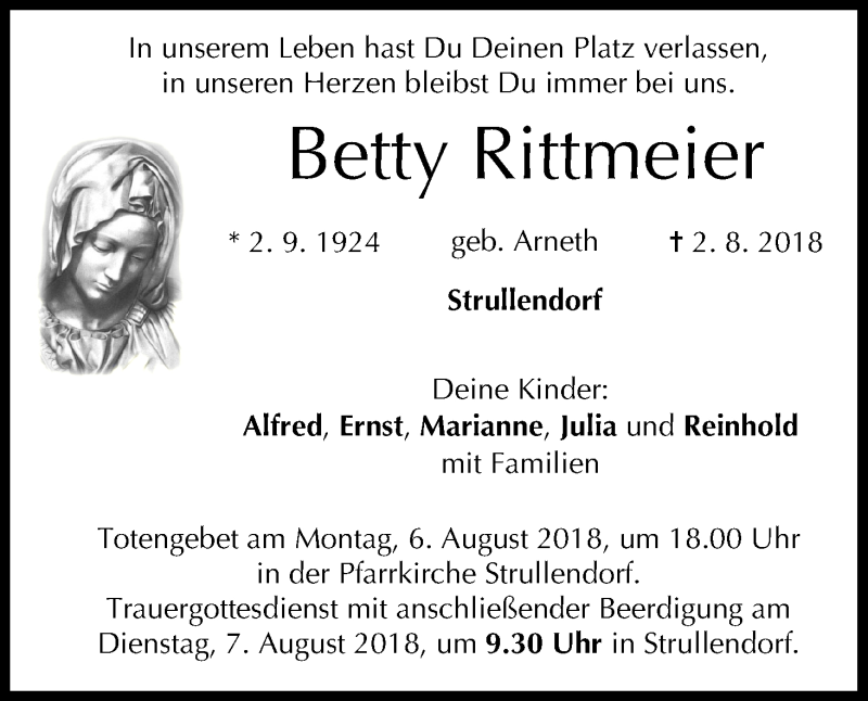  Traueranzeige für Betty Rittmeier vom 04.08.2018 aus MGO
