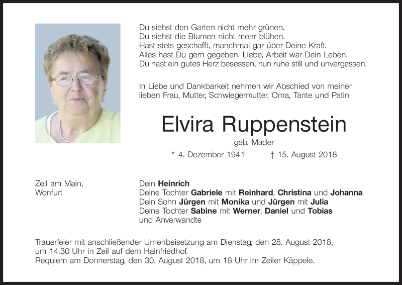  Traueranzeige für Elvira Ruppenstein vom 23.08.2018 aus MGO