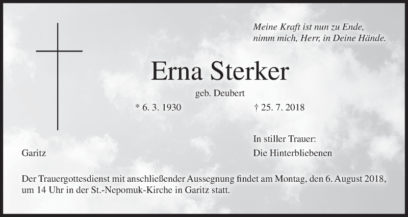  Traueranzeige für Erna Sterker vom 04.08.2018 aus MGO