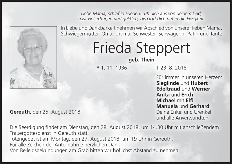  Traueranzeige für Frieda Steppert vom 25.08.2018 aus MGO