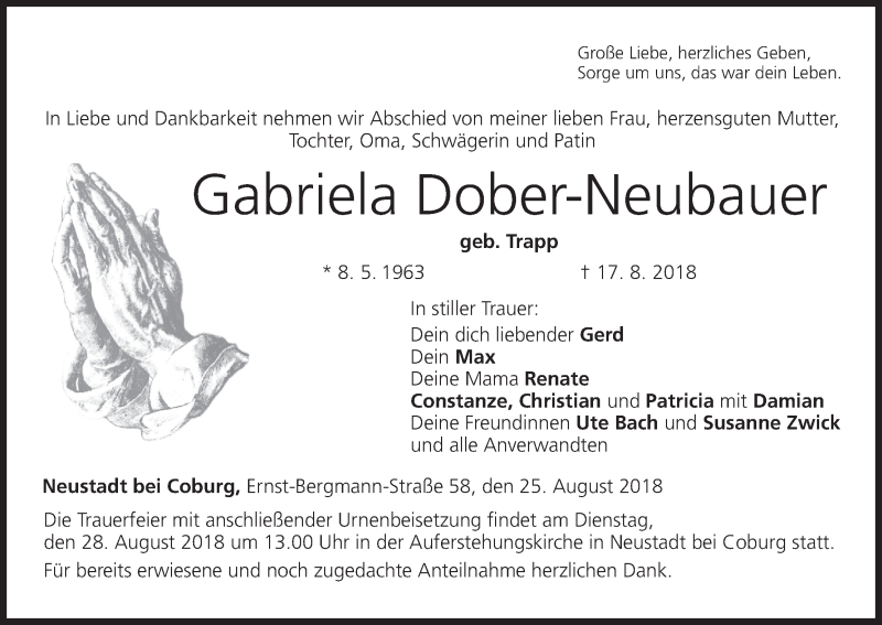  Traueranzeige für Gabriela Dober-Neubauer vom 25.08.2018 aus MGO