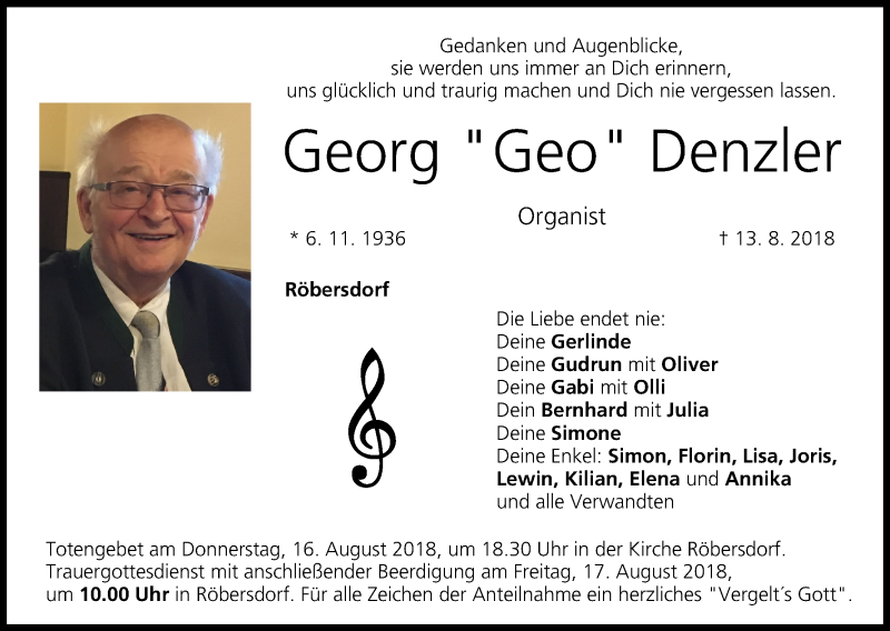  Traueranzeige für Georg Denzler vom 15.08.2018 aus MGO