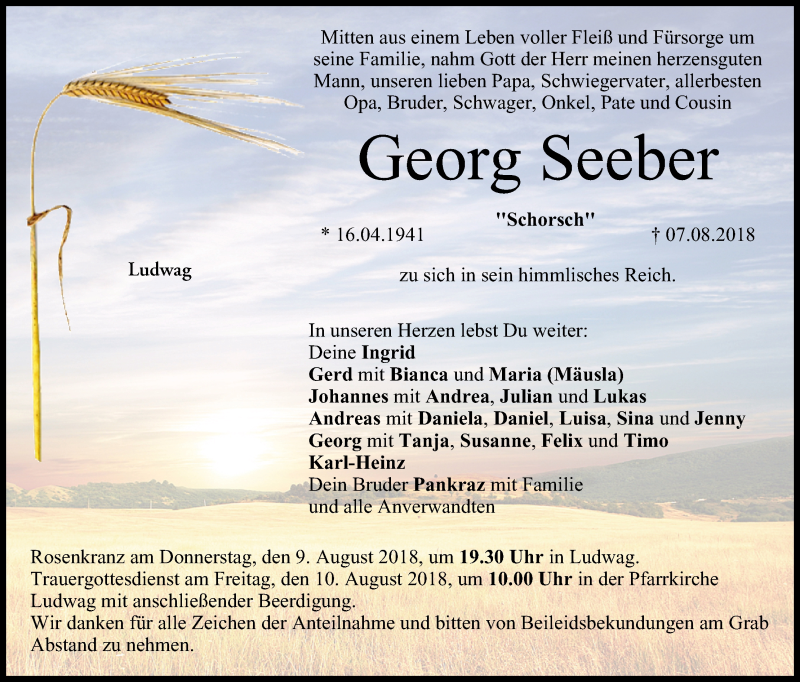  Traueranzeige für Georg Seeber vom 08.08.2018 aus MGO