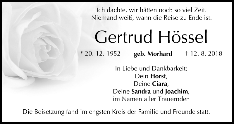  Traueranzeige für Gertrud Hössel vom 25.08.2018 aus MGO