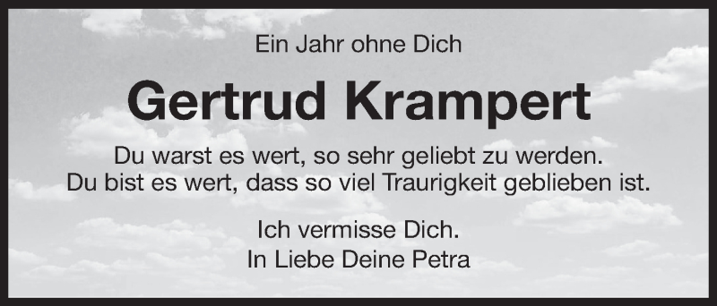  Traueranzeige für Gertrud Krampert vom 02.08.2018 aus MGO