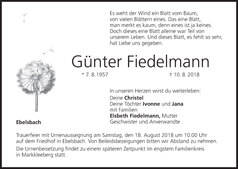  Traueranzeige für Günter Fiedelmann vom 15.08.2018 aus MGO
