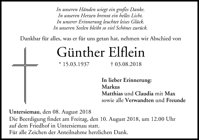 Traueranzeige für Günther Elflein vom 08.08.2018 aus MGO