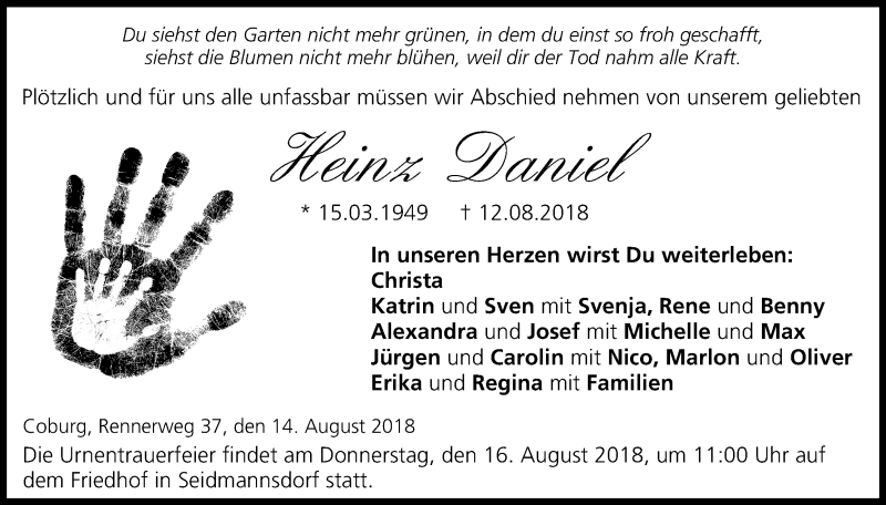  Traueranzeige für Heinz Daniel vom 14.08.2018 aus MGO