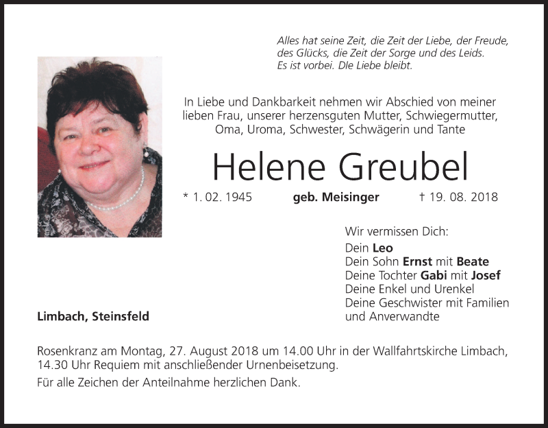  Traueranzeige für Helene Greubel vom 24.08.2018 aus MGO