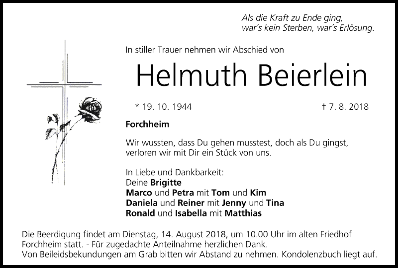  Traueranzeige für Helmuth Beierlein vom 11.08.2018 aus MGO