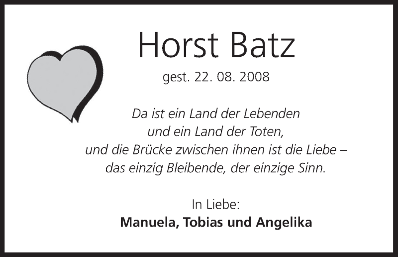  Traueranzeige für Horst Batz vom 25.08.2018 aus MGO