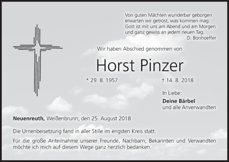  Traueranzeige für Horst Pinzer vom 25.08.2018 aus MGO