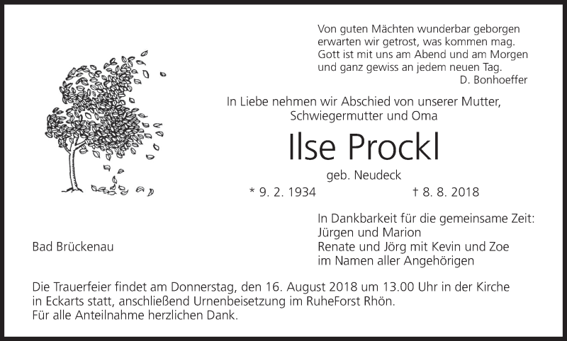  Traueranzeige für Ilse Prockl vom 13.08.2018 aus MGO