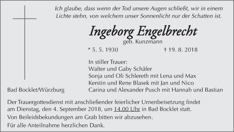  Traueranzeige für Ingeborg Engelbrecht vom 01.09.2018 aus MGO