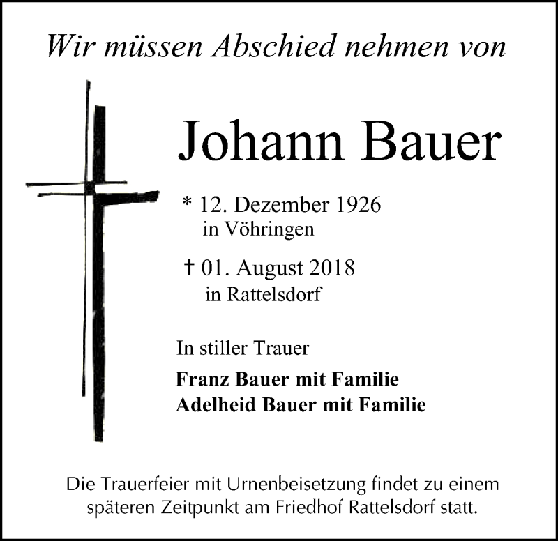  Traueranzeige für Johann Bauer vom 04.08.2018 aus MGO