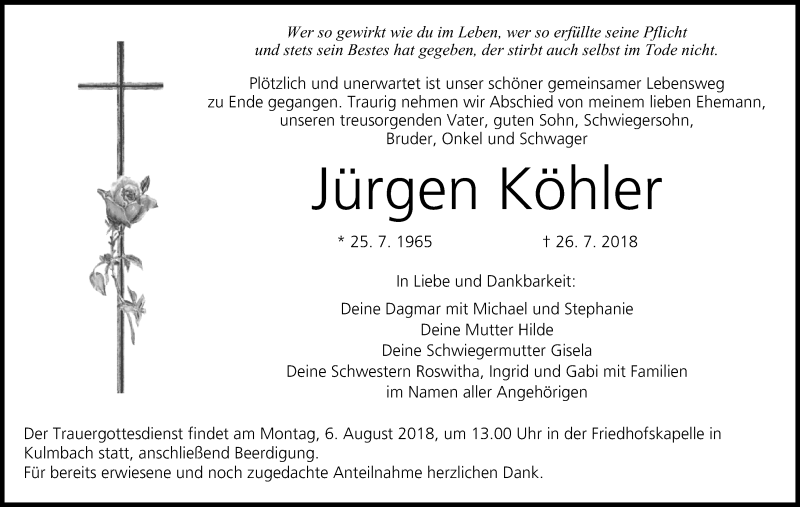  Traueranzeige für Jürgen Köhler vom 03.08.2018 aus MGO